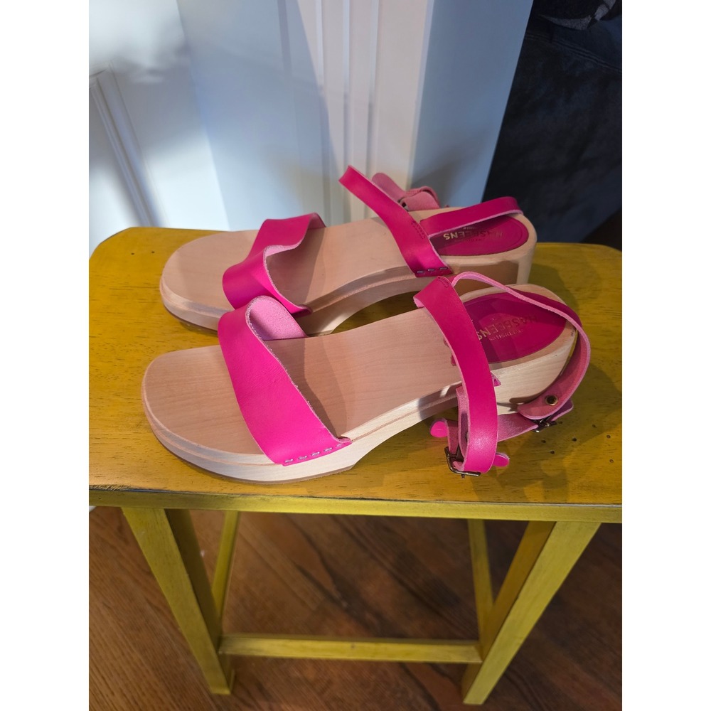 Swedish Hasbeens Mirja Pink Leather Wood Platform Clog Sandals 40
